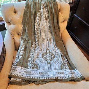 NWT Philosophy Republic Midi Broomstick Skirt L Basil Green White Print Crinkle